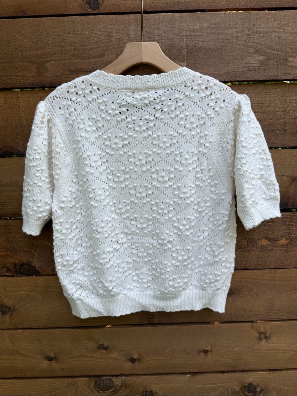 Cyrus Cream Openwork Knit Button-Up Short Sleeve Sweater Cardigan Blouse - Picture 7 of 8